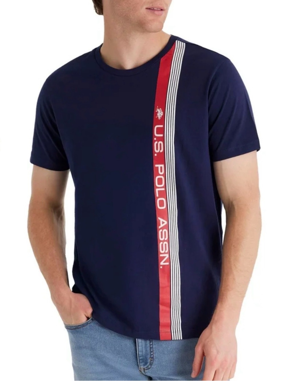U.S. Polo Assn. Men's Navy Short Sleeve Logo Stripe T-Shirt Top Large L
